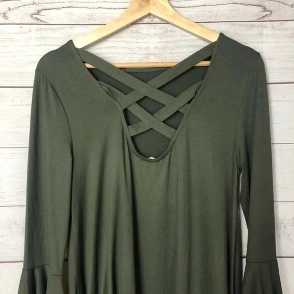 Altar'd State Karol Olive Green Bell Long Sleeve Mini Shift Dress S - Picture 6 of 6